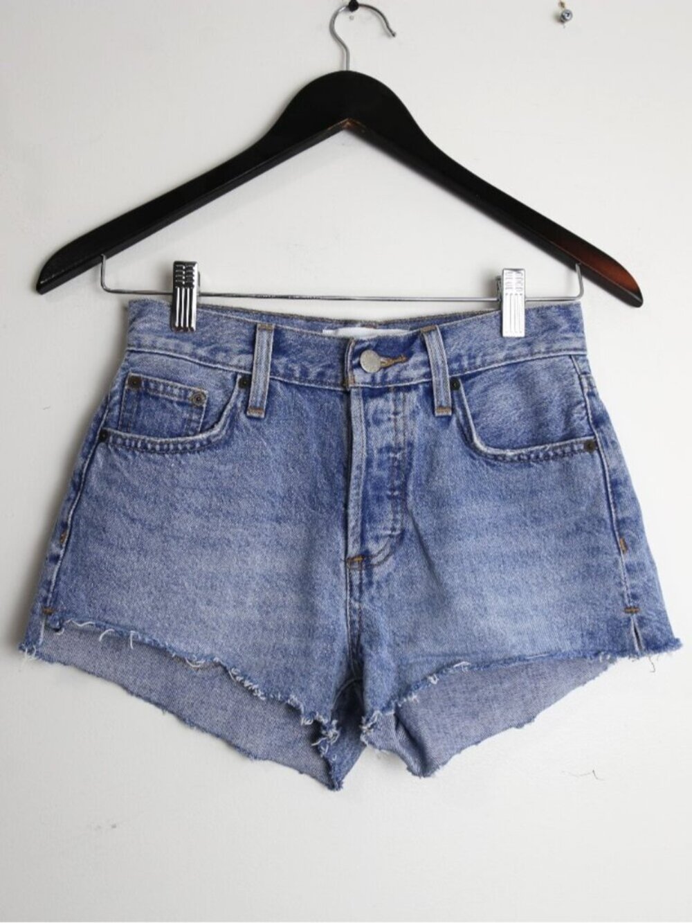 Denim Forum The Yoko Hi-Rise Jean Light-Med Indigo Wash Cut-off Shorts Size 23